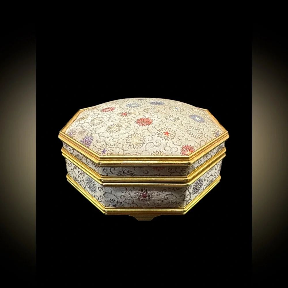 Vintage Mid Century Hexagon Starburst Cloth Velvet Lined Musical Jewelry Box